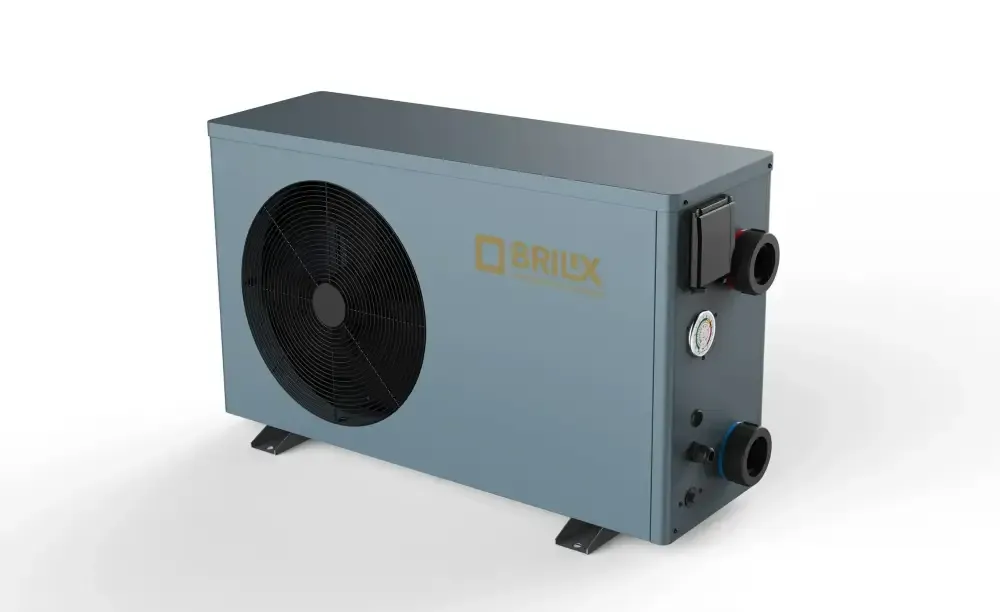 Grå rektangulär poolvärmepump Brilix XHPFDPLUS 5kW R32 med svart fläkt och sidopipe